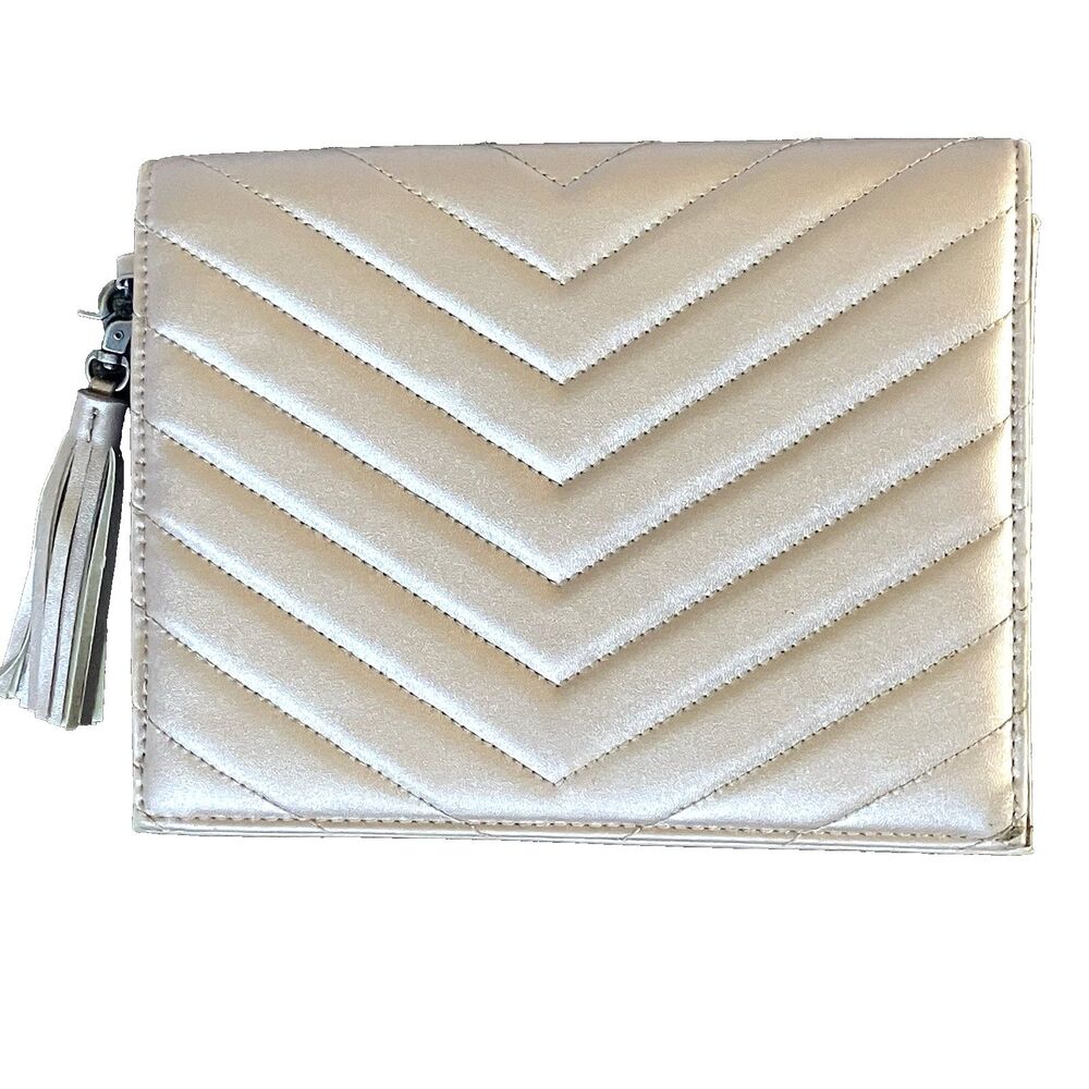 Neiman Marcus Quilted Clutch Vintage Handbag Chevron Silver Gray Foldover Purse